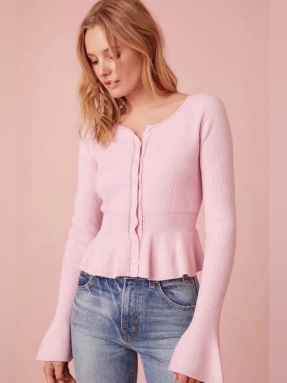 LoveShackFancy Stonington Peplum Wool Cardigan in Looming Blush
